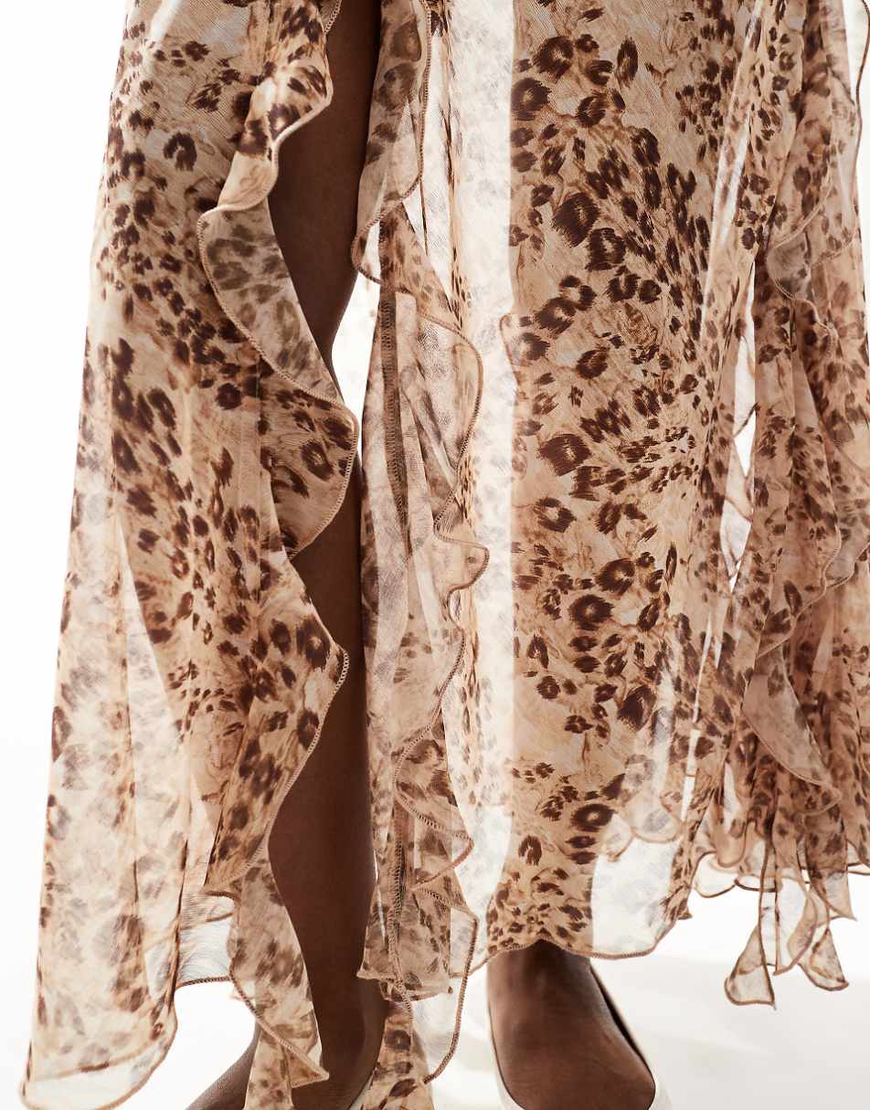 Miss Selfridge chiffon ruffle slit maxi skirt in animal print