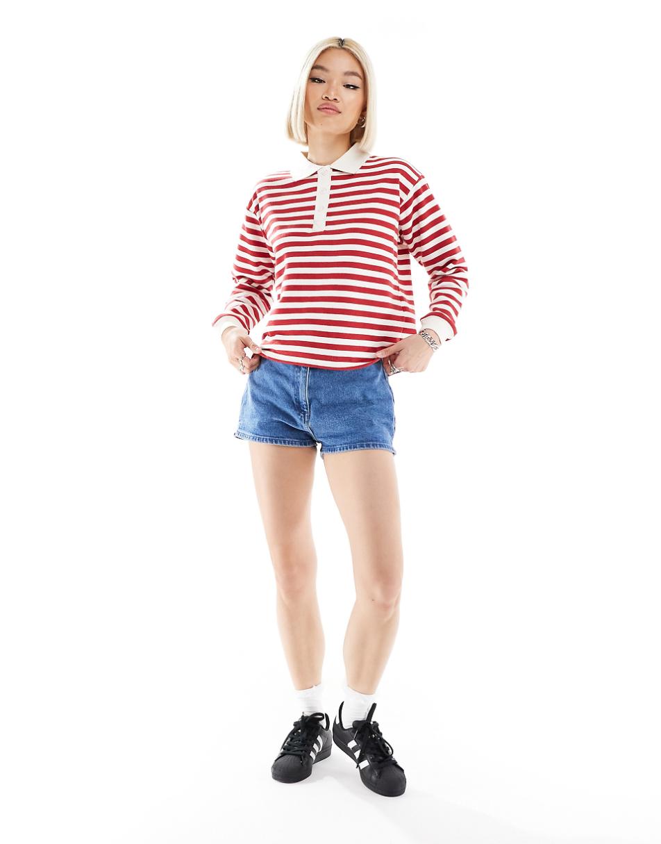 Daisy Street boxy rugby sweatshirt in cherry red stripe