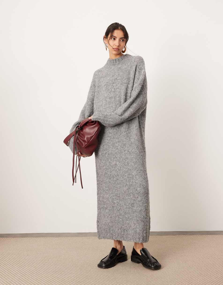 ASOS EDITION boucle chunky knit high neck maxi dress in gray