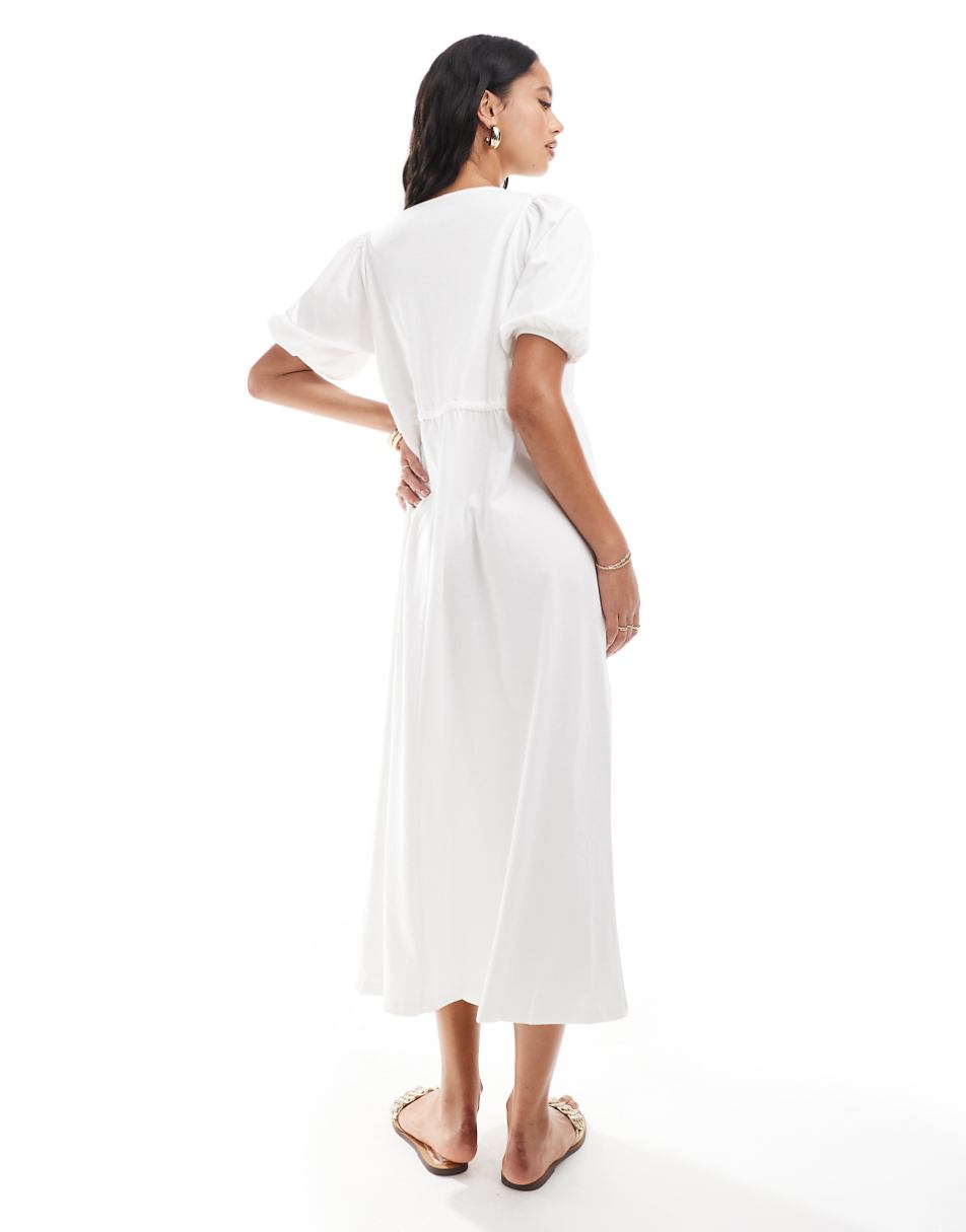 ASOS DESIGN puff sleeve with tie up bodice midaxi dress in white