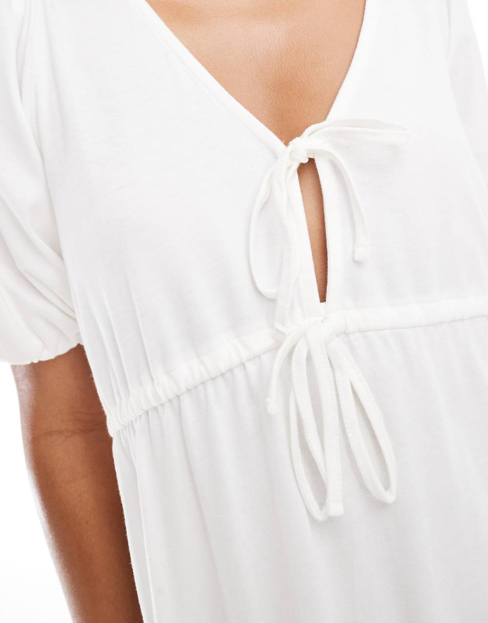 ASOS DESIGN puff sleeve with tie up bodice midaxi dress in white