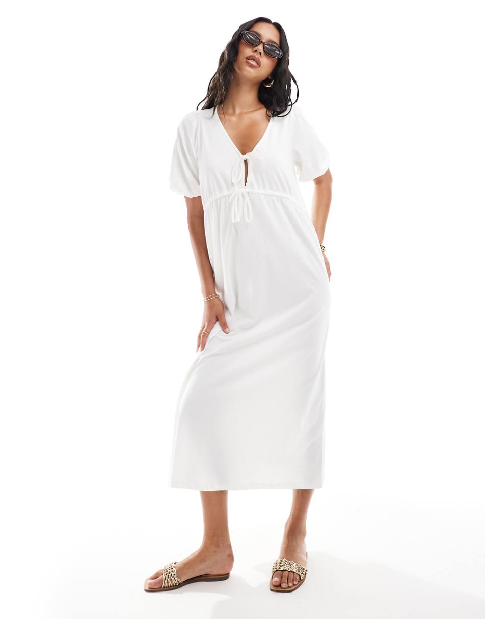 ASOS DESIGN puff sleeve with tie up bodice midaxi dress in white