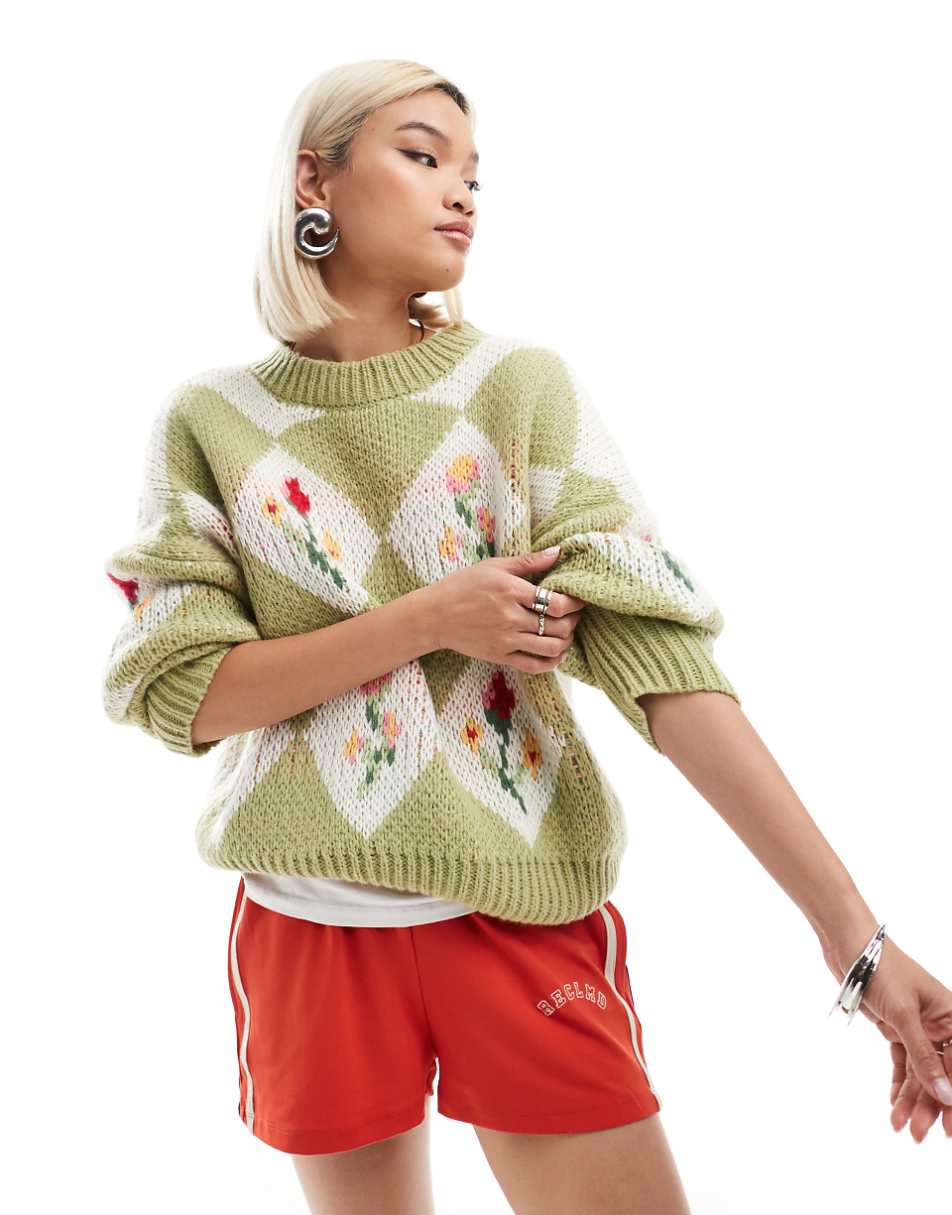 Bailey Rose chunky knit sweater in spring floral green