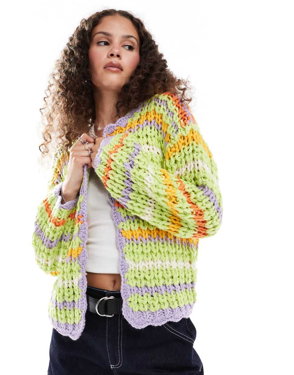 Bailey Rose open knit bright green striped cardigan