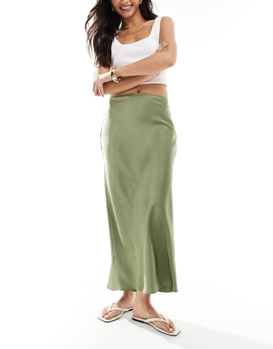 ASOS DESIGN satin bias midi skirt in khaki