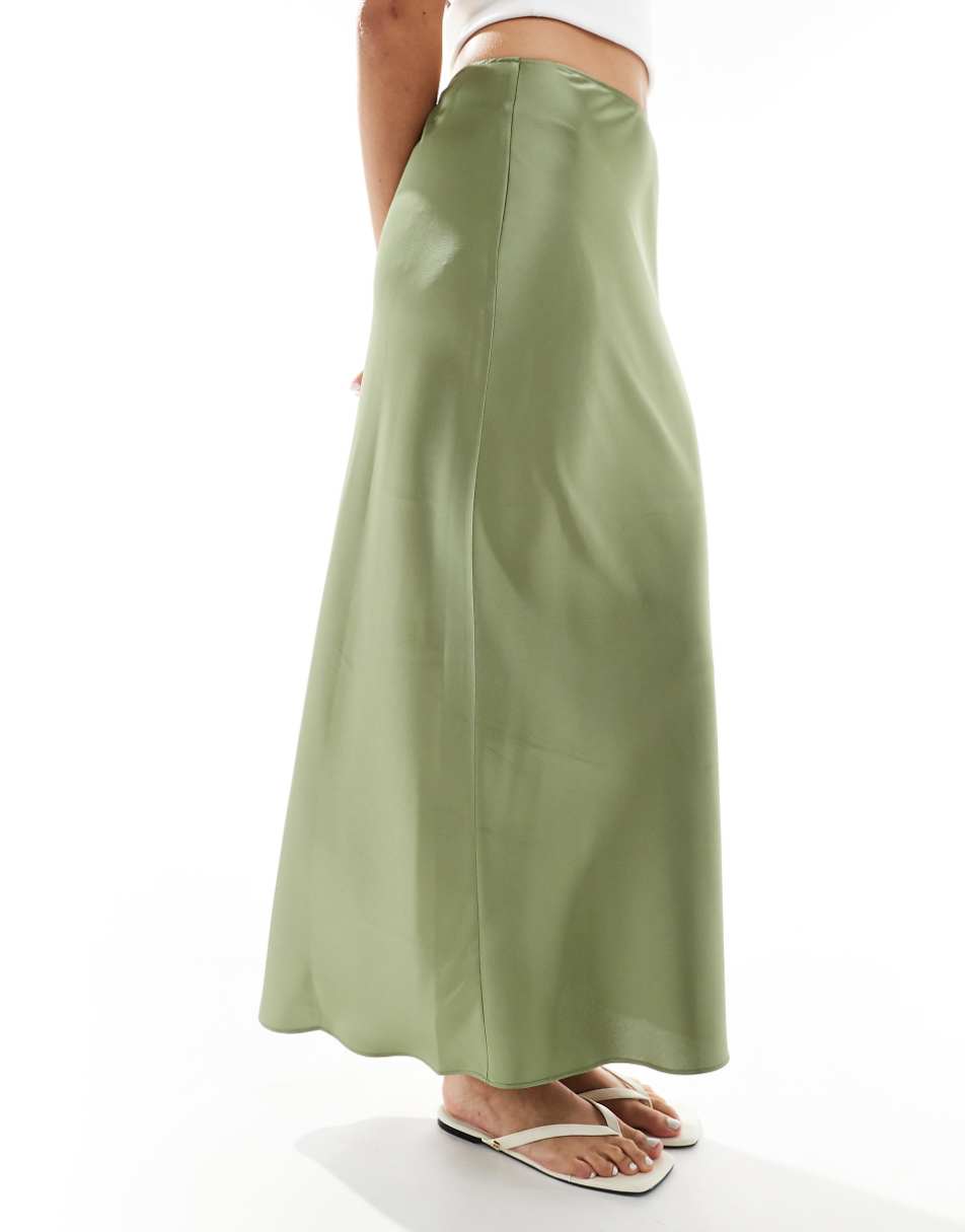 ASOS DESIGN satin bias midi skirt in khaki