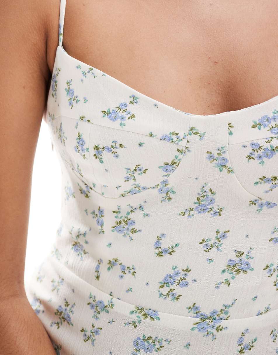 Bershka strappy maxi dress in ecru and blue floral