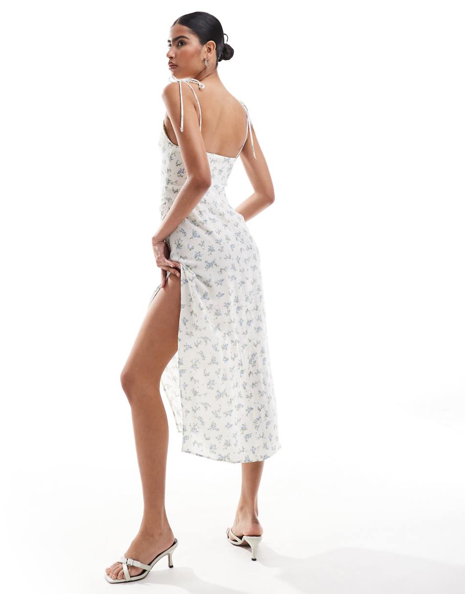 Bershka strappy maxi dress in ecru and blue floral
