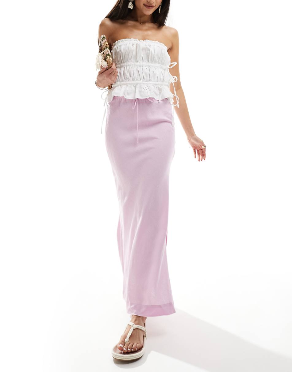 Bershka tie waist linen mix maxi skirt in pink