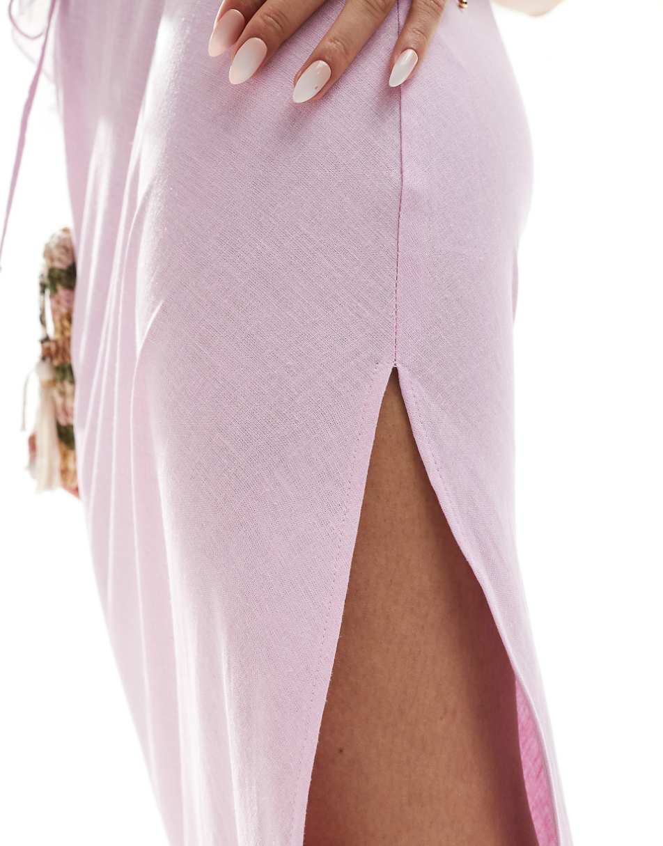 Bershka tie waist linen mix maxi skirt in pink