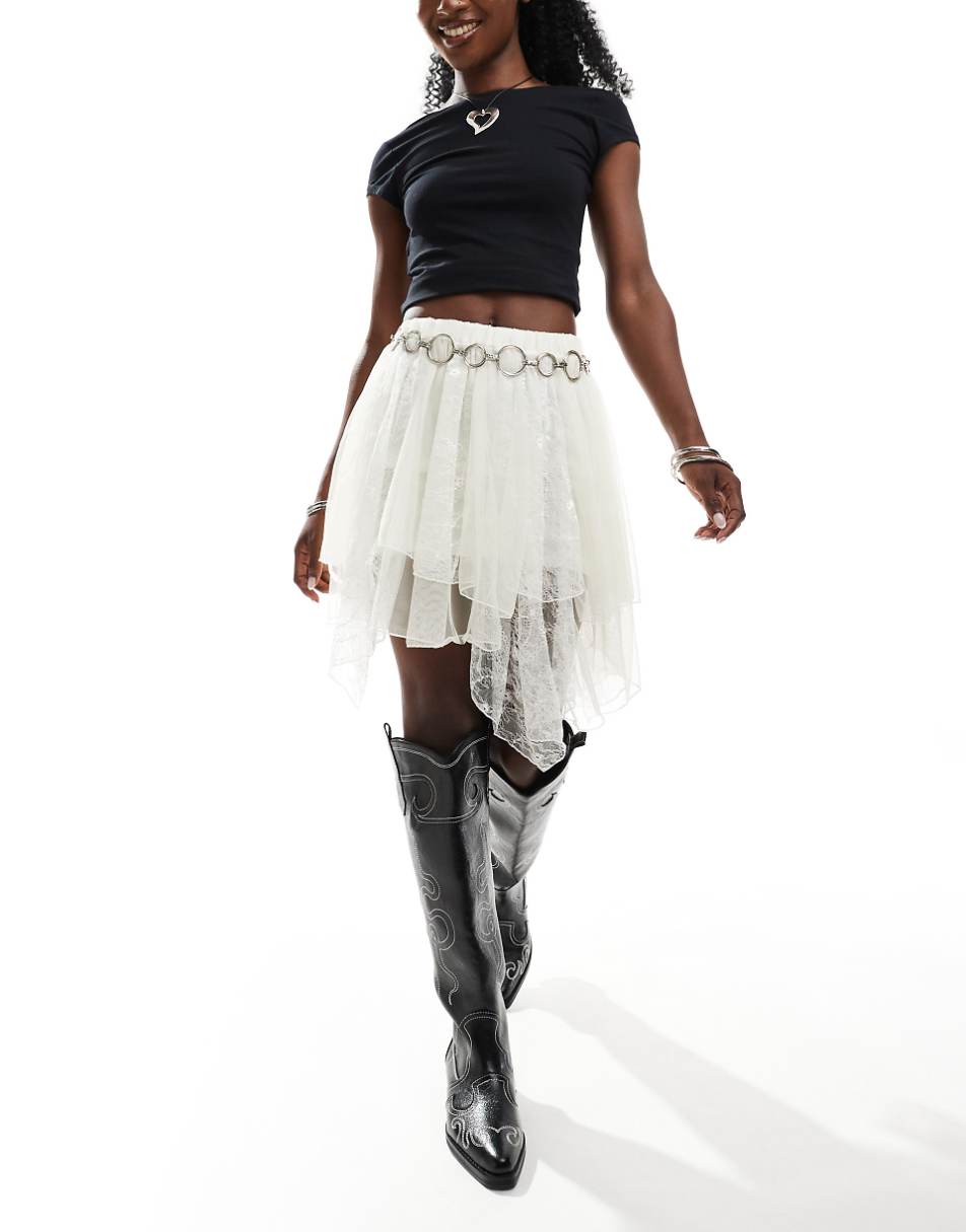 Miss Selfridge festival mesh layered mini skirt in cream
