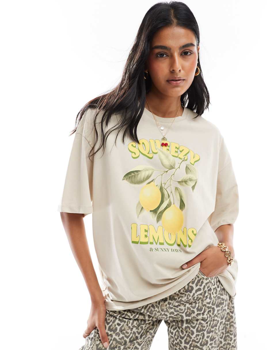 ONLY lemon graphic boyfriend fit t-shirt in gray
