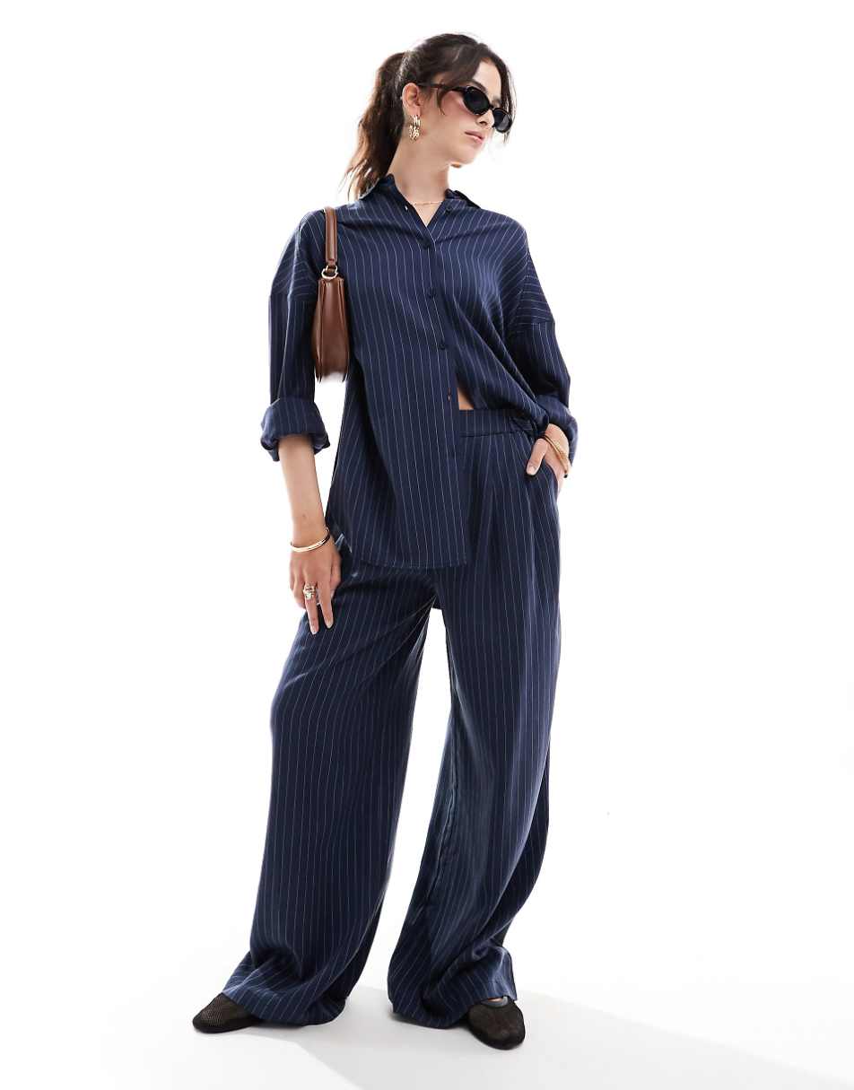 ASOS DESIGN wide leg pull on pants in navy stripe