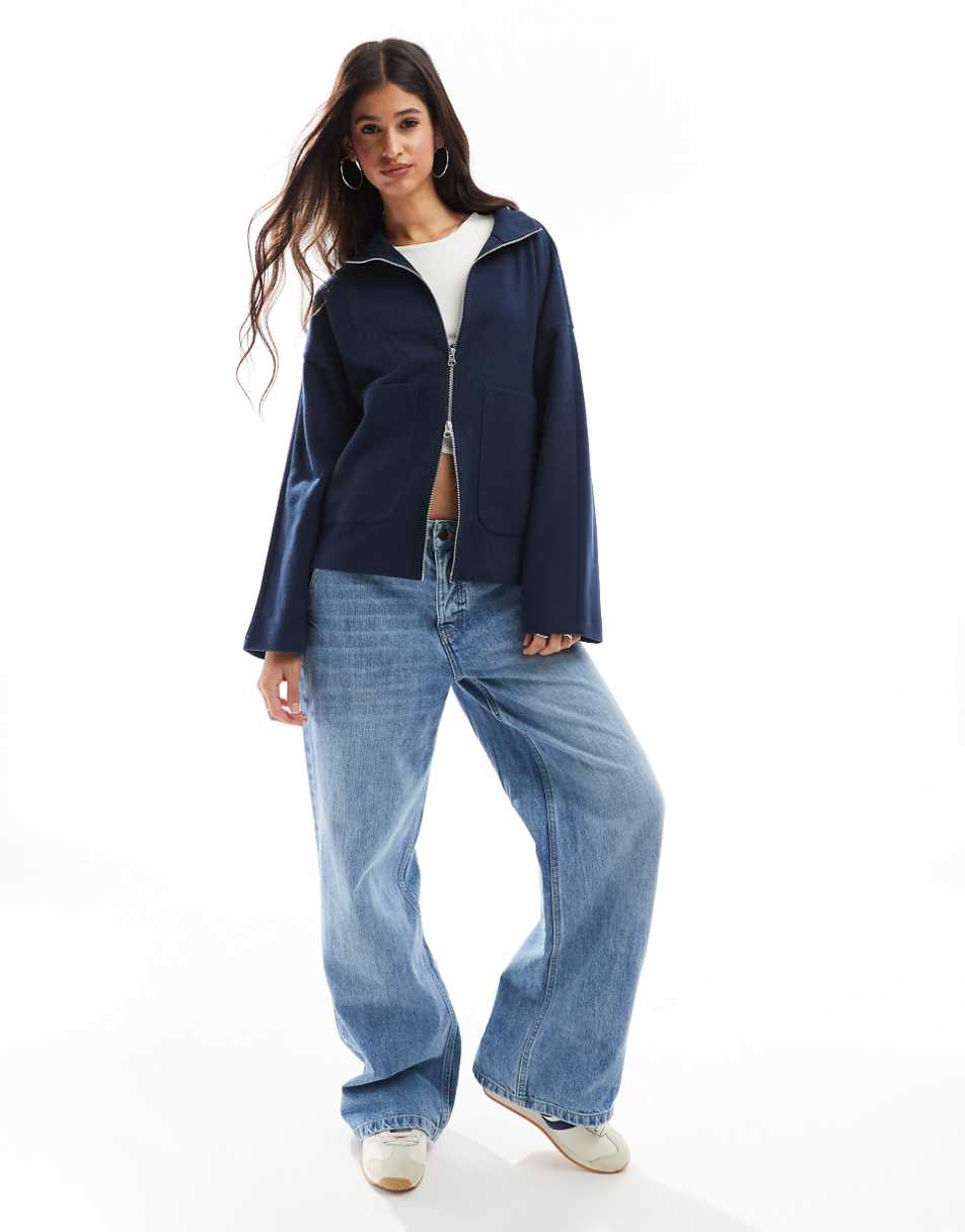 ASOS DESIGN supersoft boxy funnel neck zip up cardigan in navy