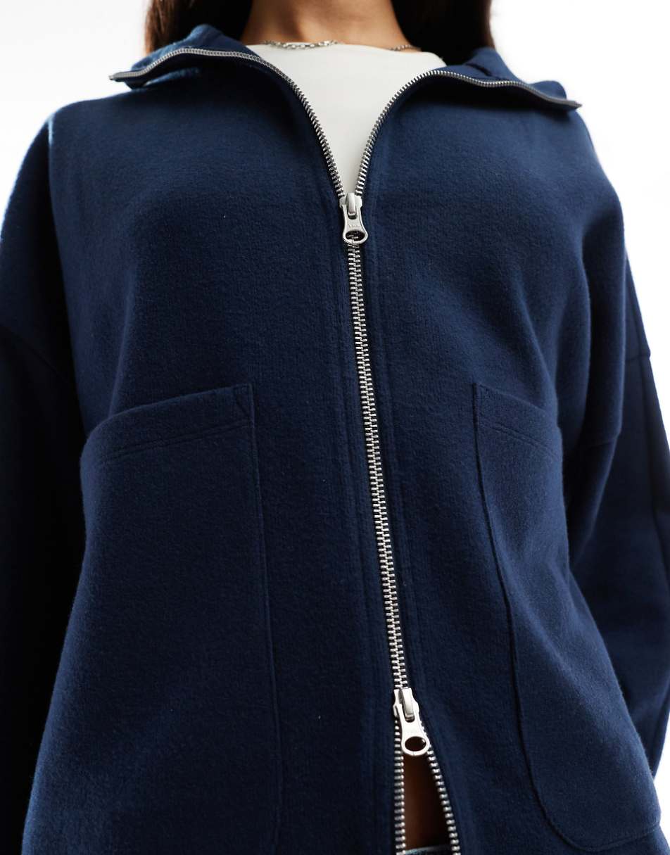 ASOS DESIGN supersoft boxy funnel neck zip up cardigan in navy