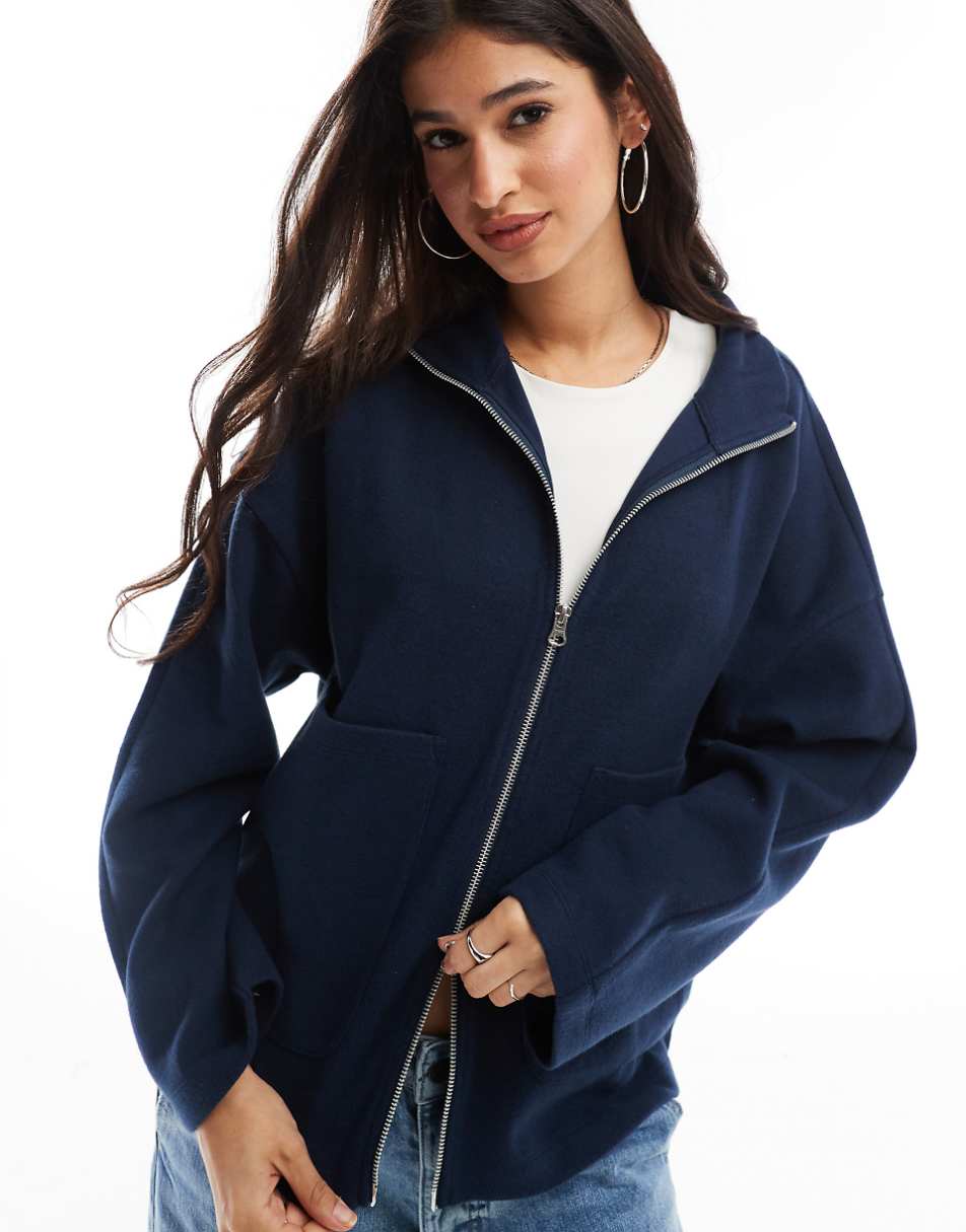 ASOS DESIGN supersoft boxy funnel neck zip up cardigan in navy