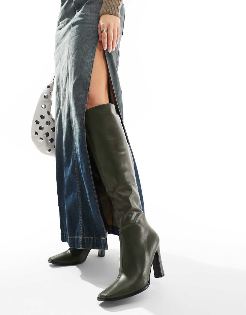 Public Desire Acquilla heeled knee boots with square toe in olive PU