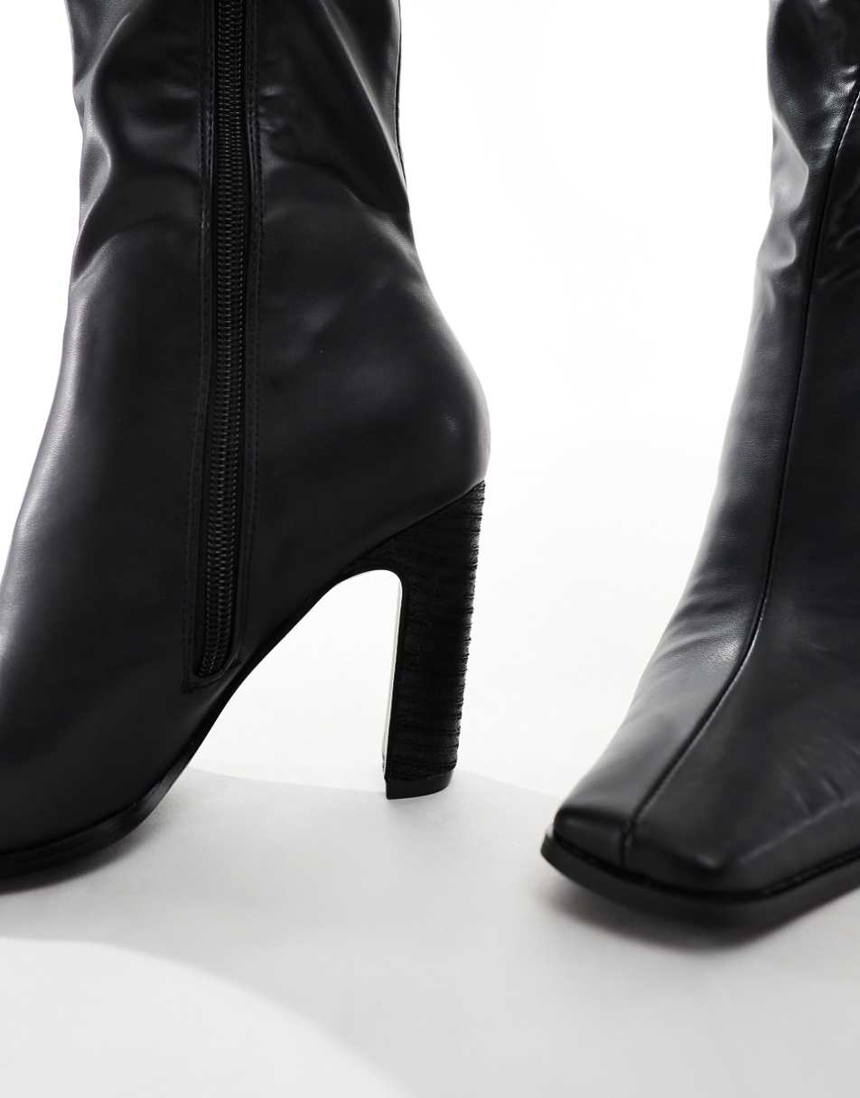 Public Desire Acquilla heeled knee boots with square toe in black PU