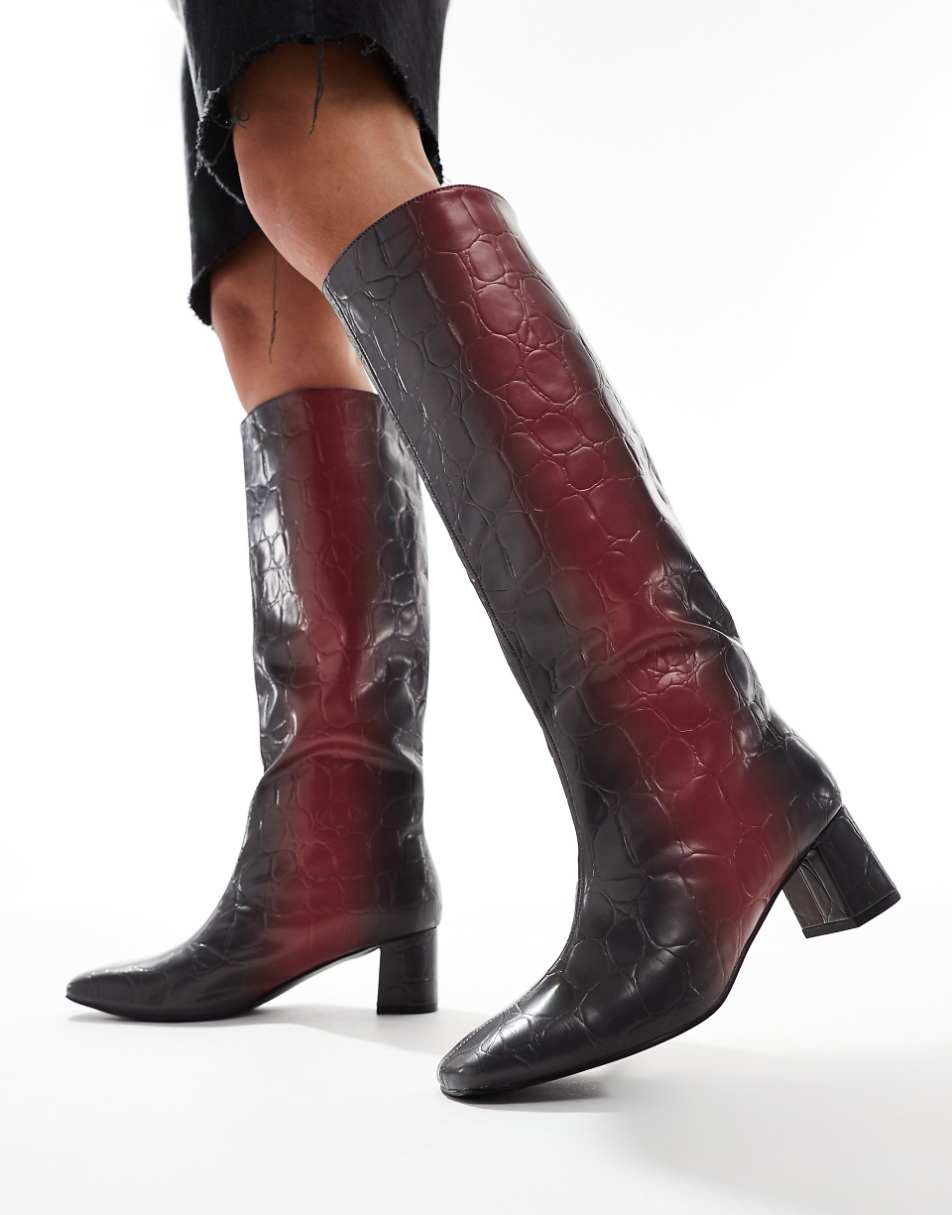 Public Desire Tamira block heel knee boots in red ombre croc