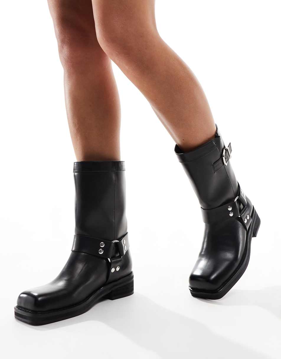 Public Desire Stallion square toe flat ankle boots with harness in black
