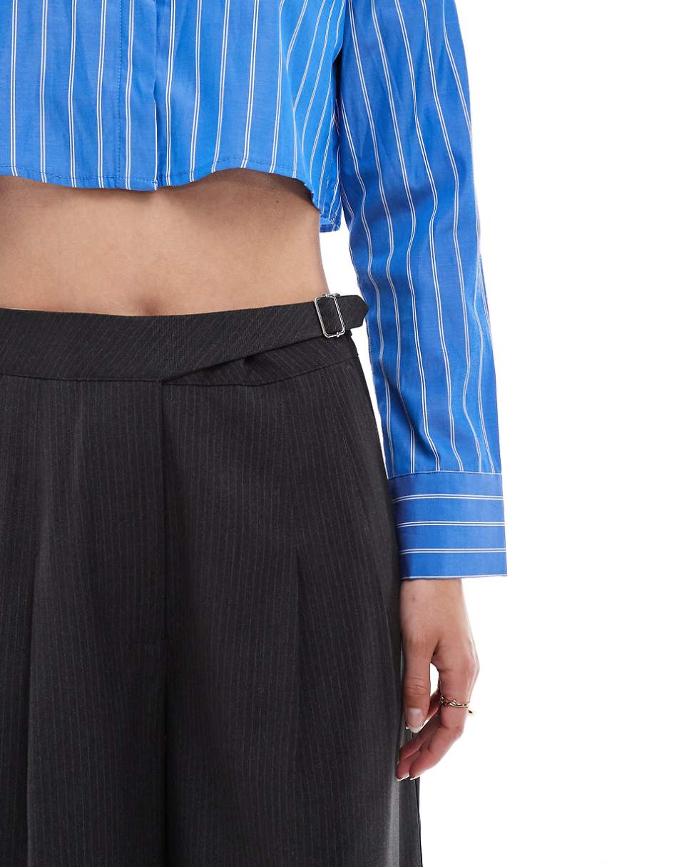 ASOS DESIGN Tall tailored wide leg pants with asymmetric buckle detail in gray stripe
