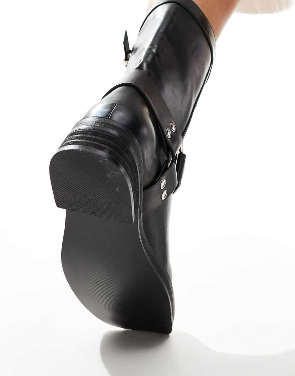 Public Desire Stallion Wide Fit square toe flat ankle boots with harness in black