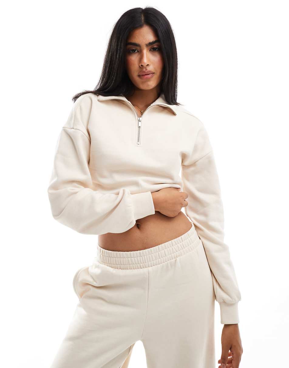 Miss Selfridge half zip crop sweatshirt in ecru - part of a set