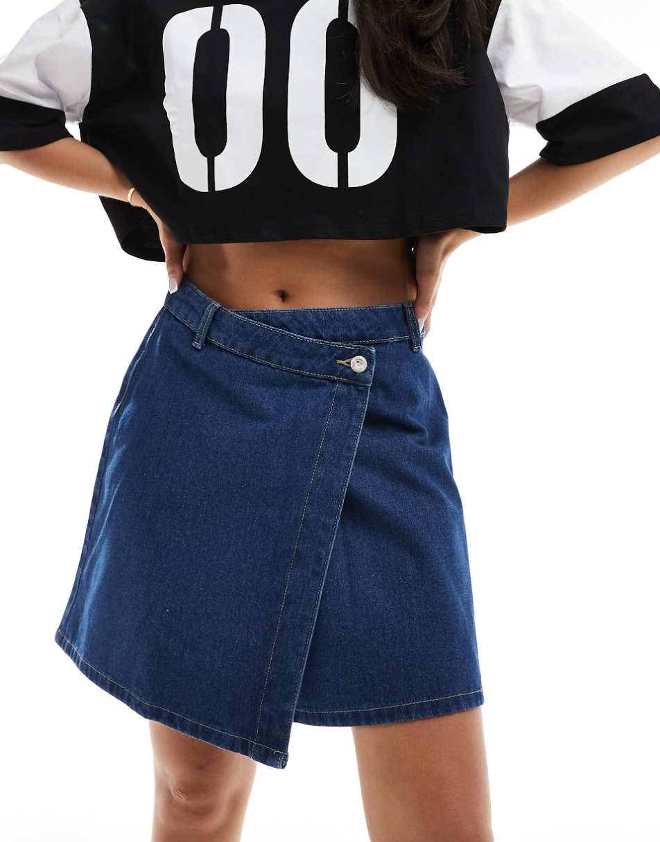 JDY high waist asymmetric denim skirt in mid blue