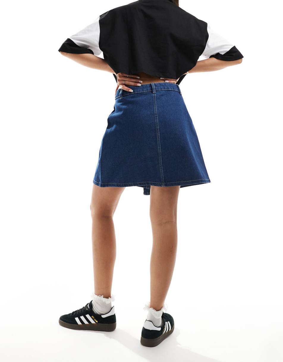 JDY high waist asymmetric denim skirt in mid blue