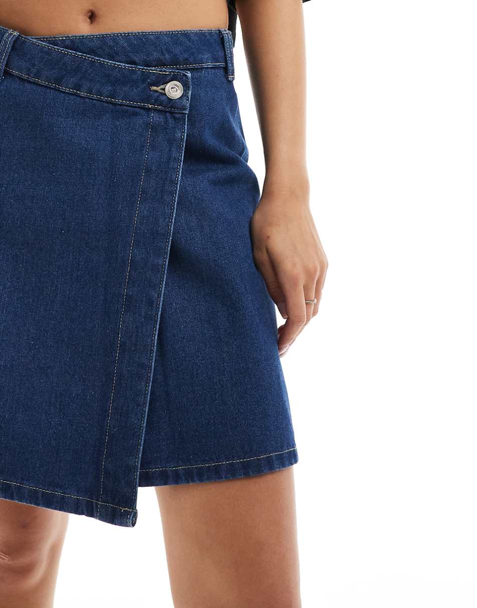 JDY high waist asymmetric denim skirt in mid blue
