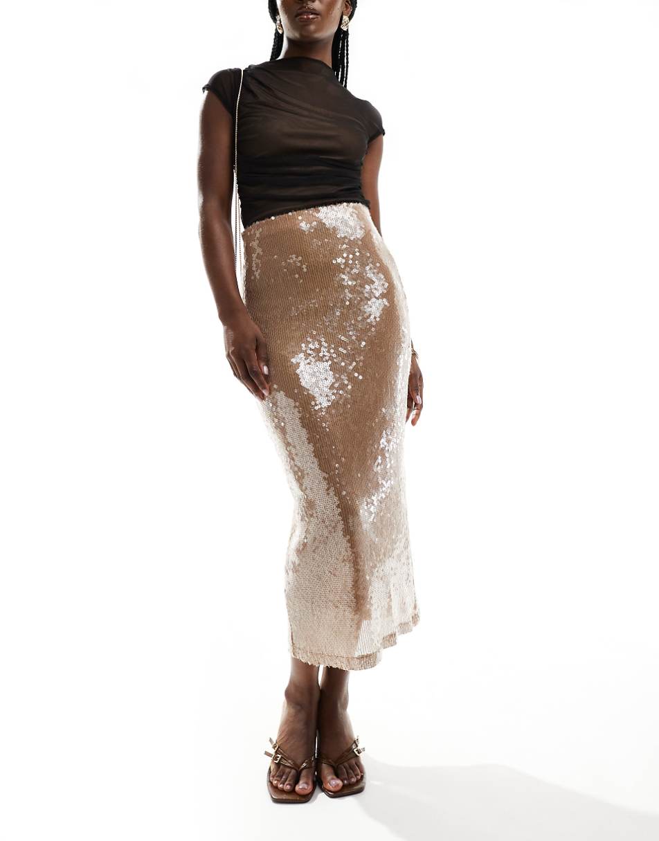 Bardot midi skirt in cream glazed sequin