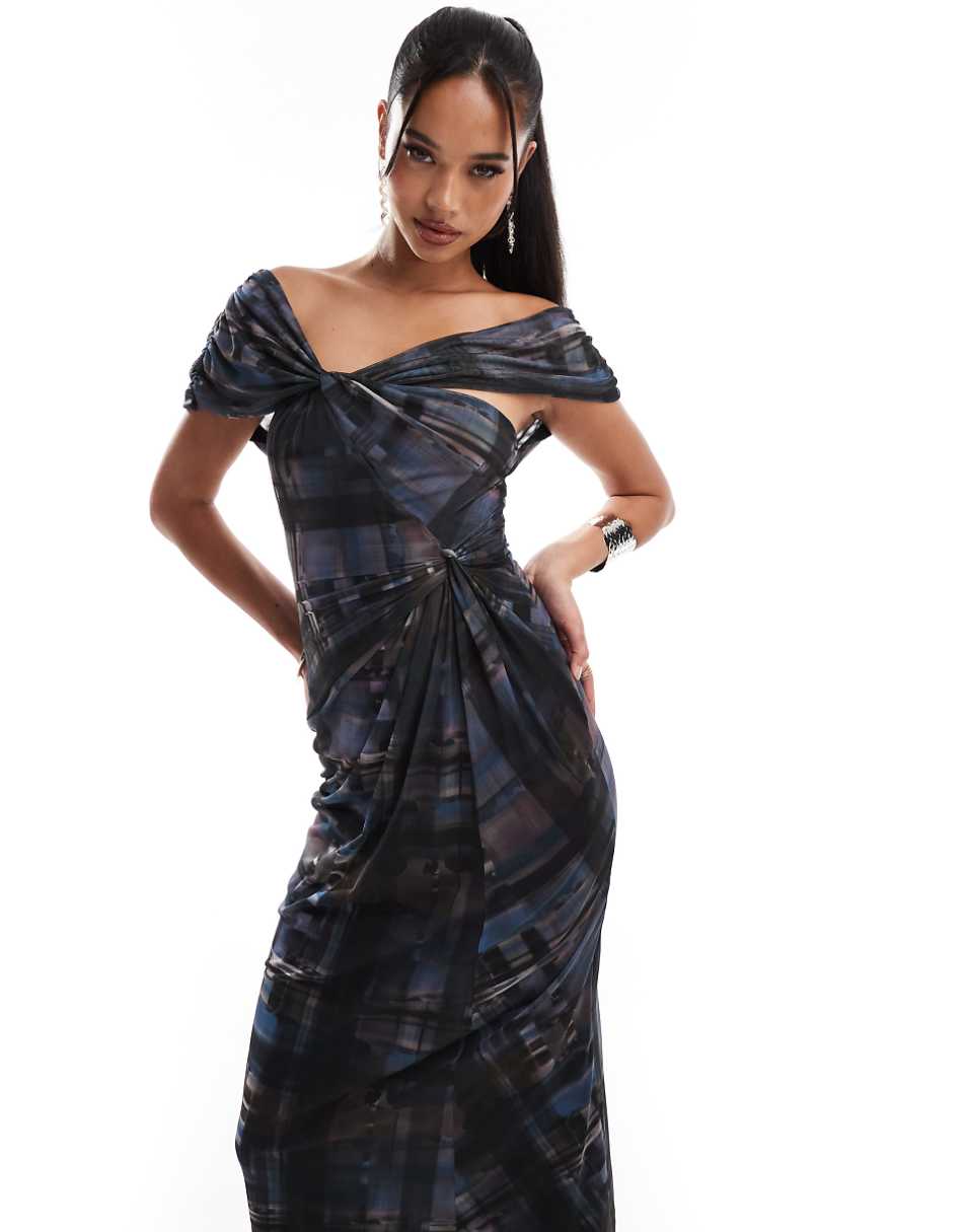 ASOS DESIGN off shoulder twist bust detail midi dress in abstract check print