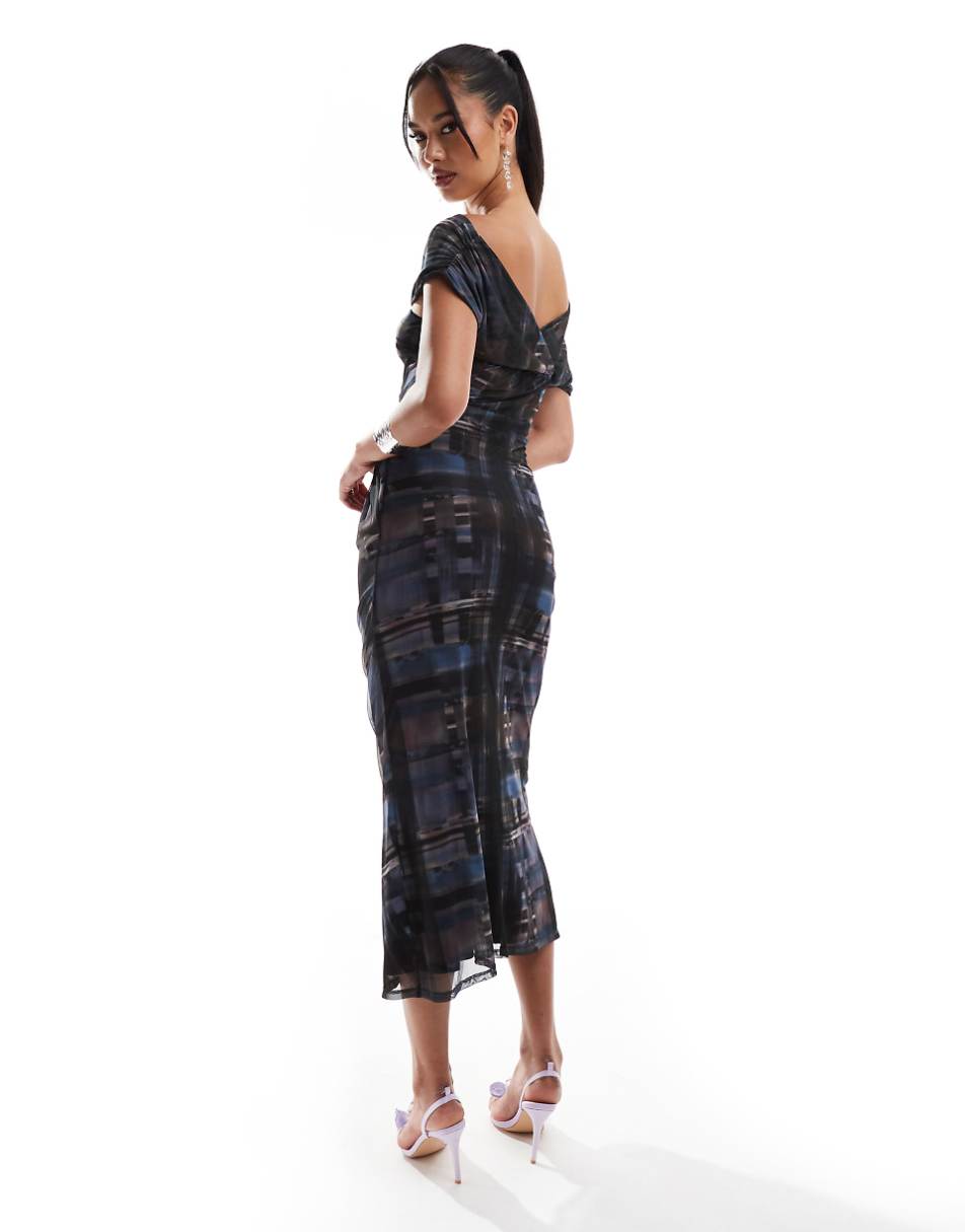ASOS DESIGN off shoulder twist bust detail midi dress in abstract check print