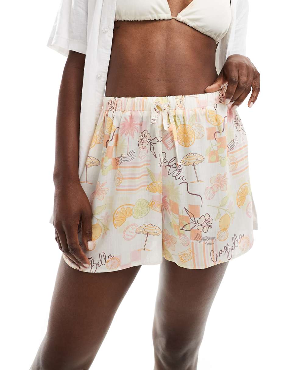 Miss Selfridge linen look pull on shorts in postcard print