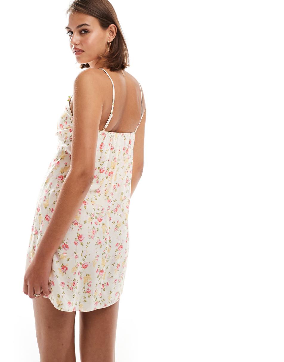 Miss Selfridge ribbon-trim detail strappy mini dress in pink ditsy print