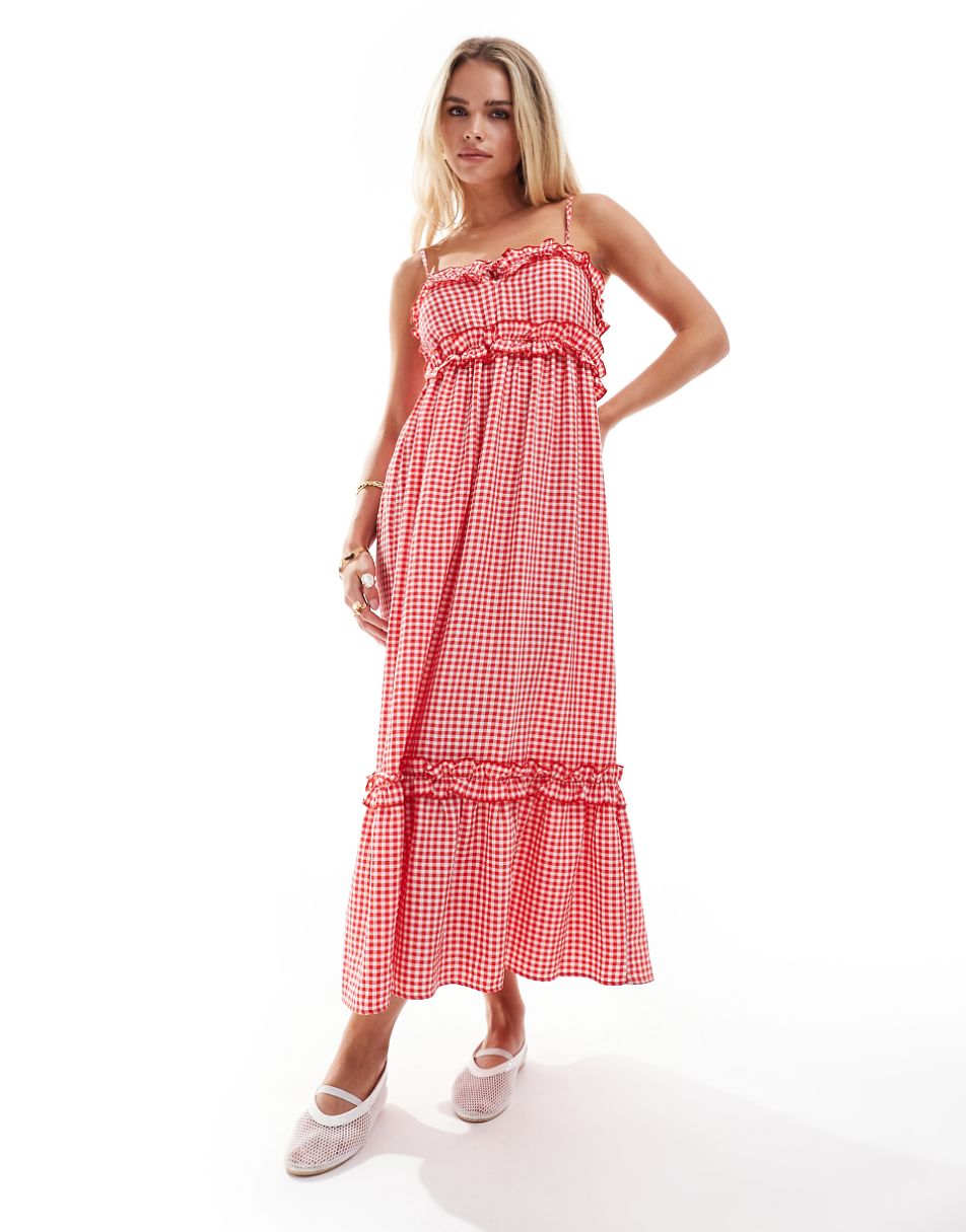 Miss Selfridge Petite cami ruffle trim maxi dress in red gingham