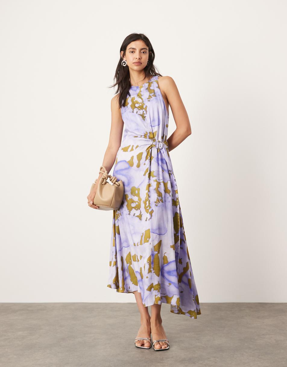 ASOS EDITION racer neck maxi dress with d ring in lilac abstract print