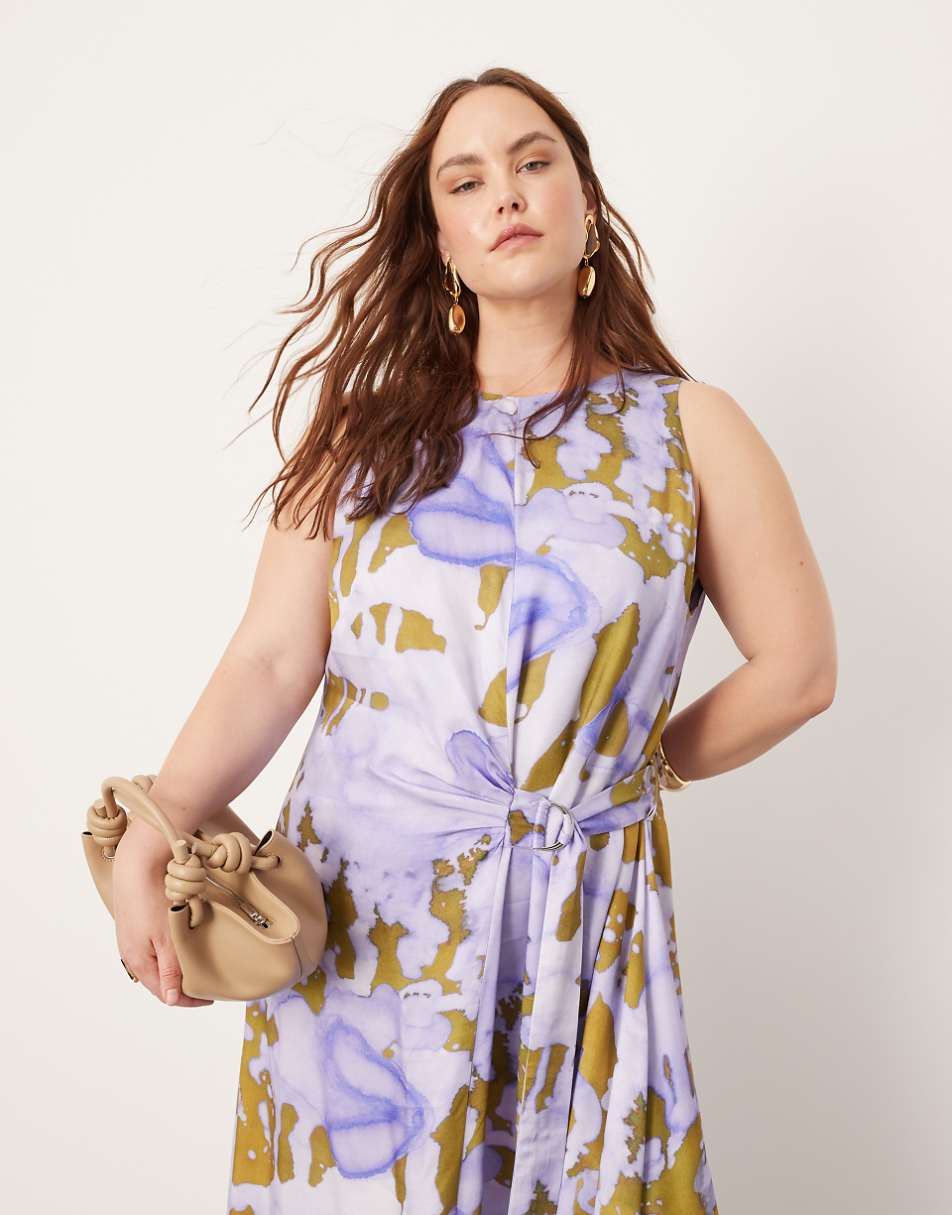 ASOS EDITION Curve racer neck maxi dress with d ring in lilac abstract print