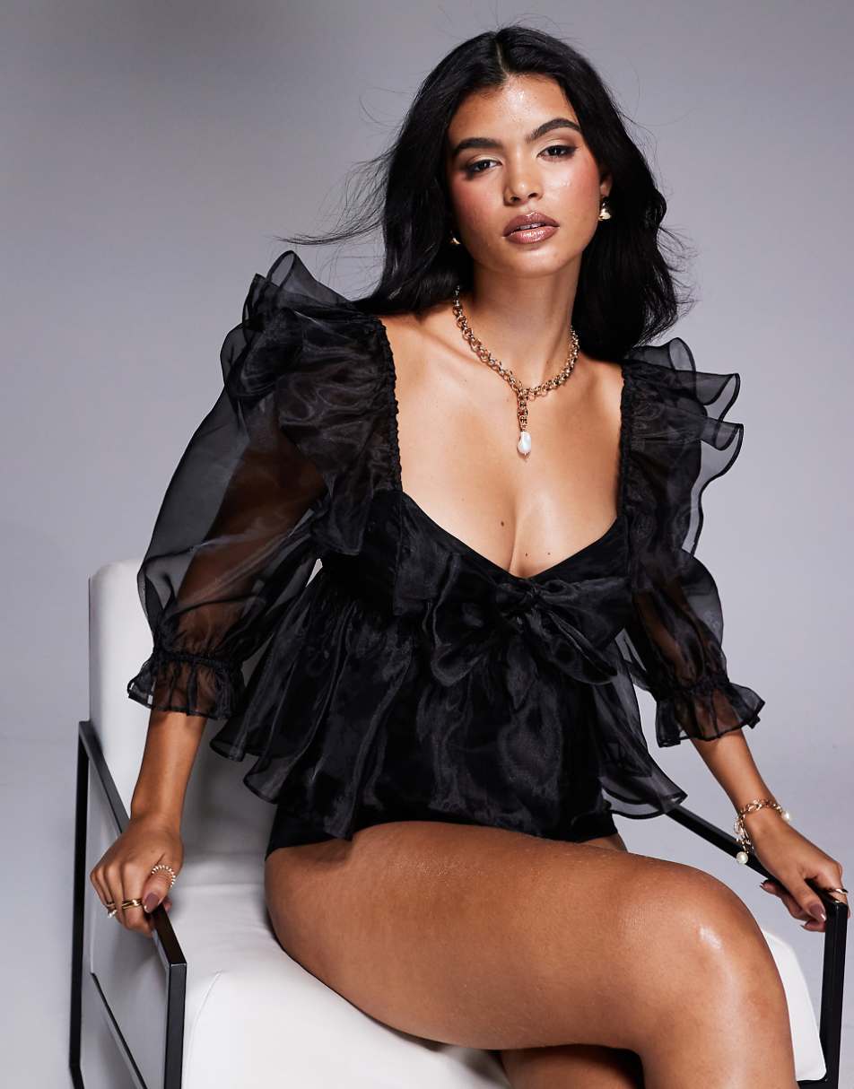 ASOS LUXE organza baby doll top with bow details in black