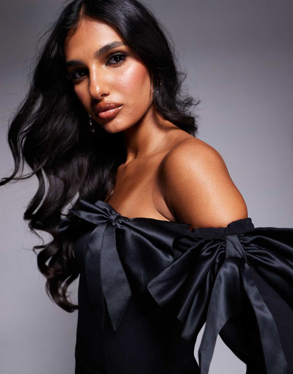 ASOS LUXE satin bow off shoulder jumpsuit in black