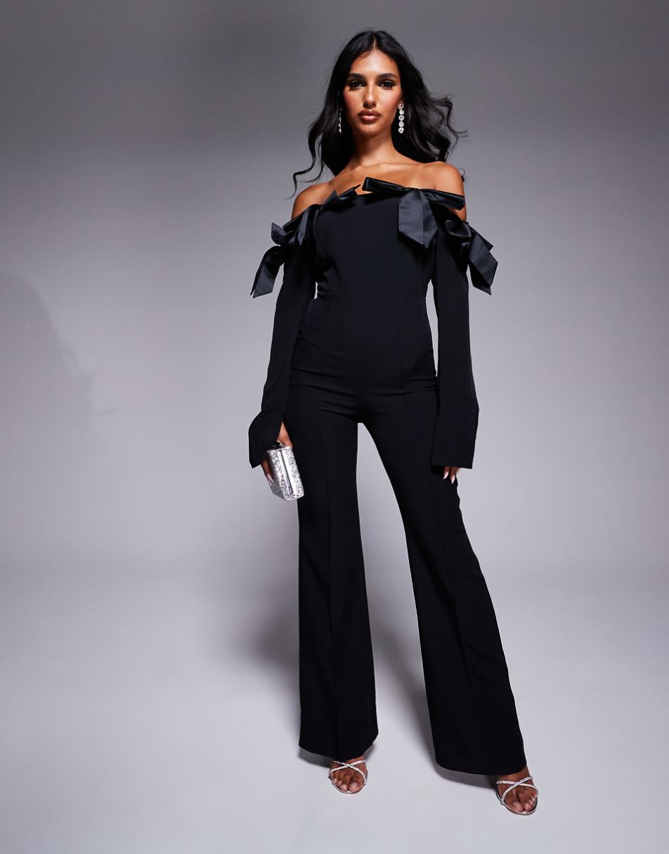ASOS LUXE satin bow off shoulder jumpsuit in black