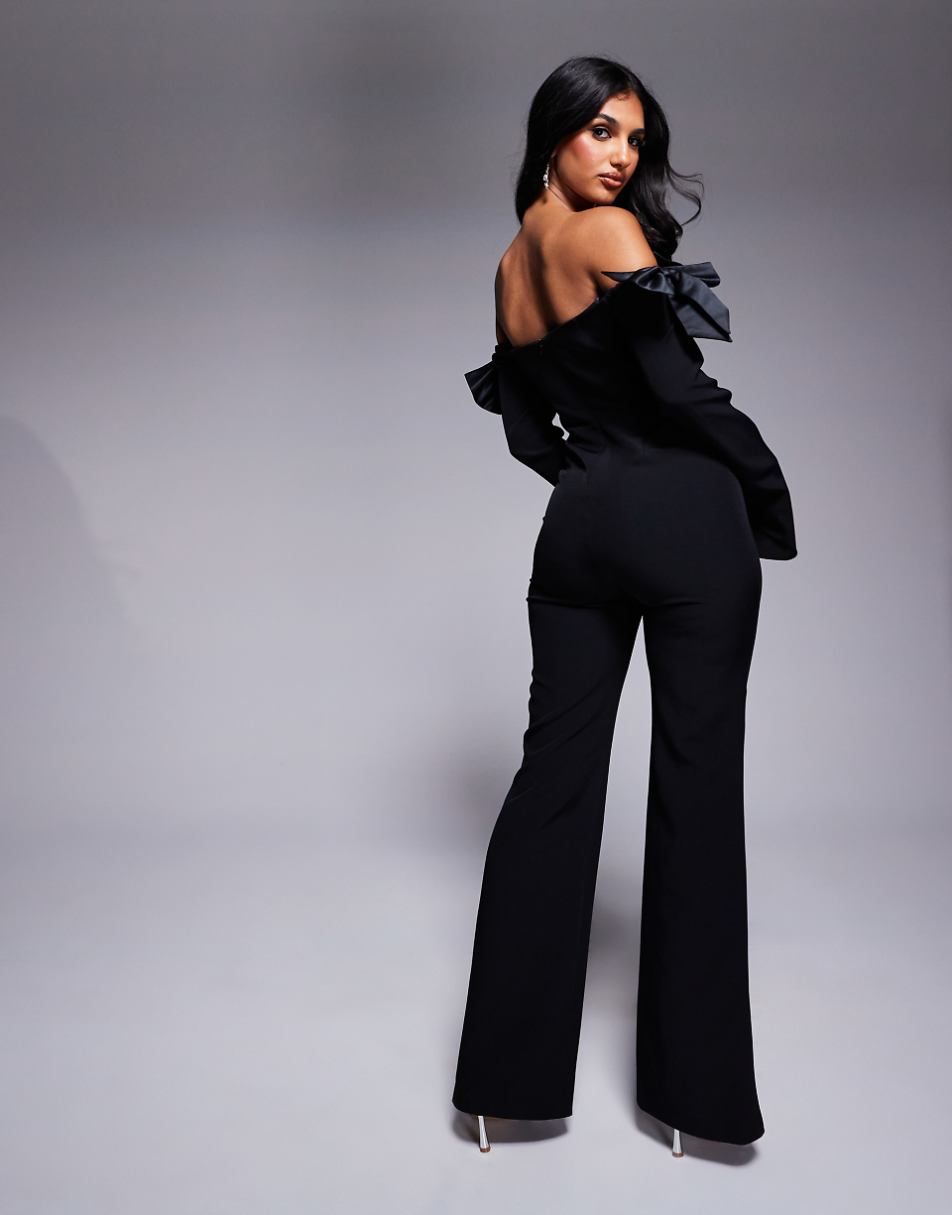 ASOS LUXE satin bow off shoulder jumpsuit in black