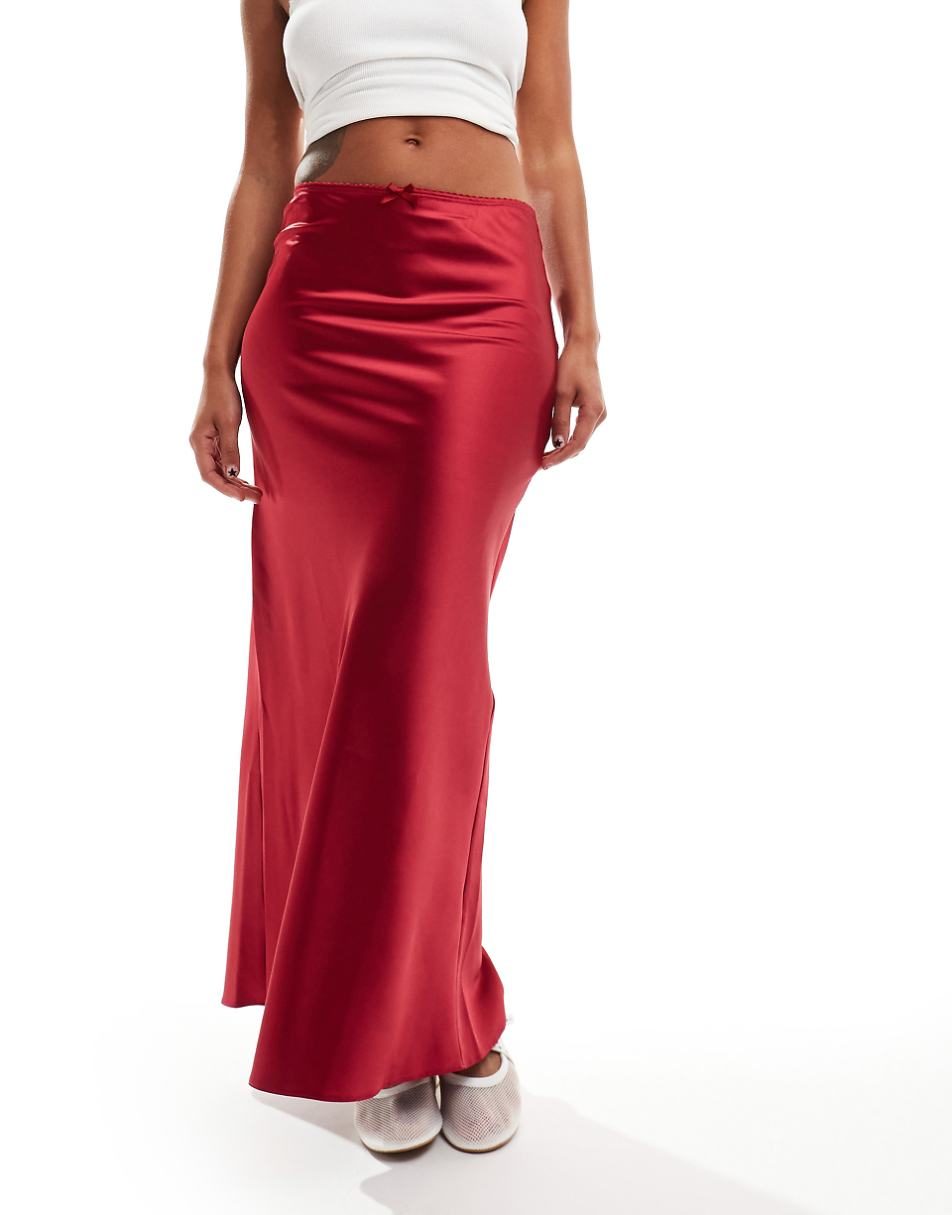 Miss Selfridge satin bias maxi skirt in red