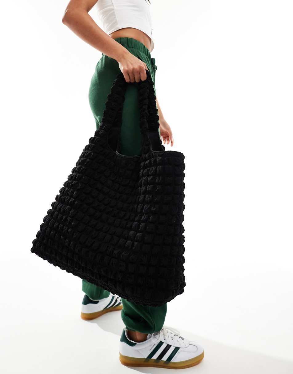 Pieces bubble texture large shoulder tote bag in black