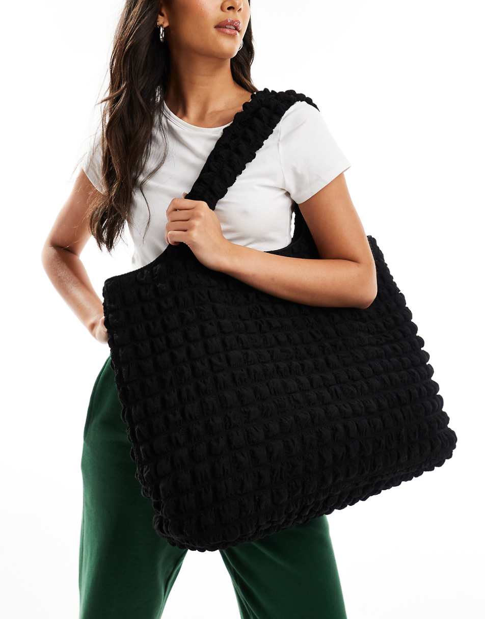 Pieces bubble texture large shoulder tote bag in black