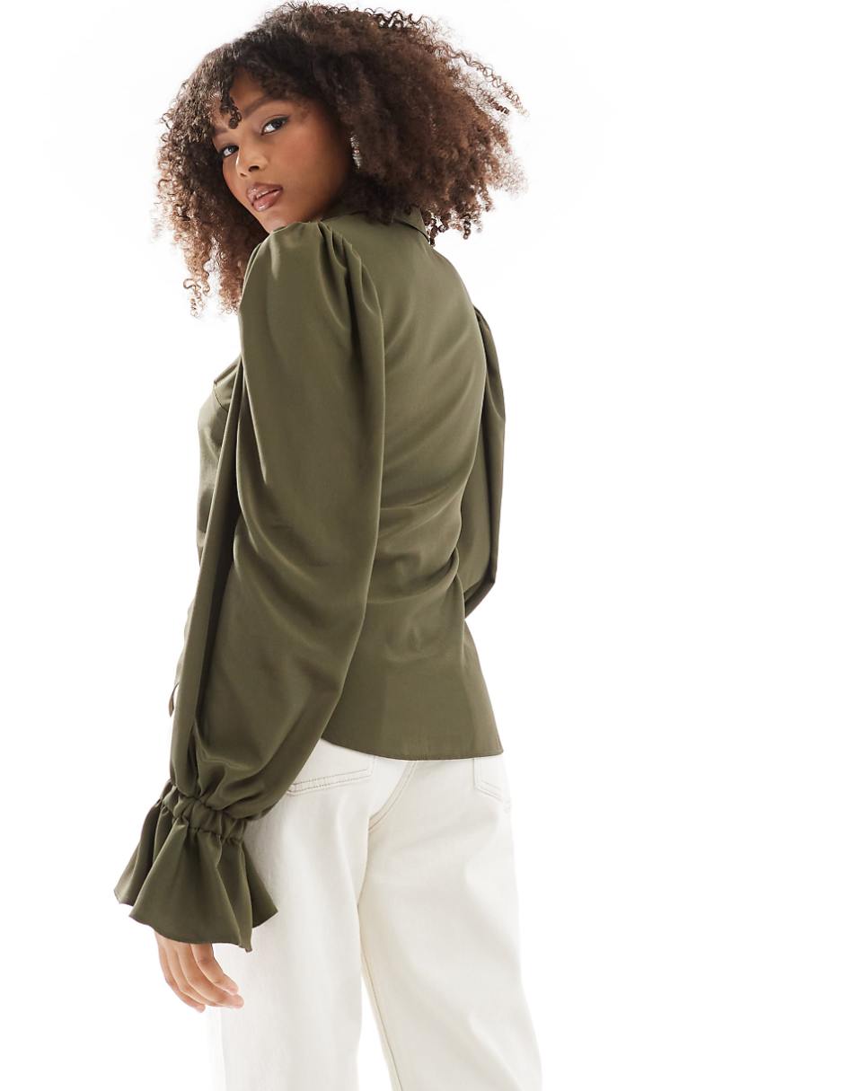 ASOS DESIGN volume sleeved soft shirt with ruffle cuffs in khaki