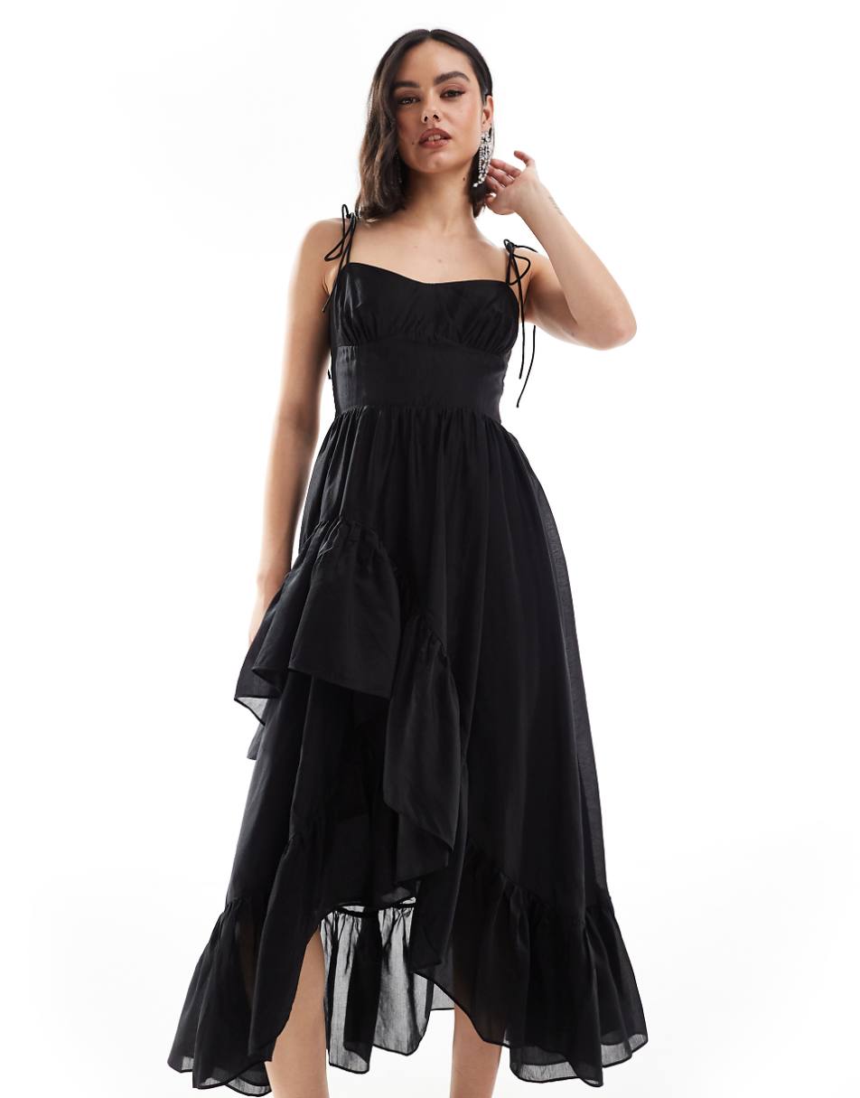& Other Stories midaxi dress with spaghetti straps and asymmetric ruffle hem in black