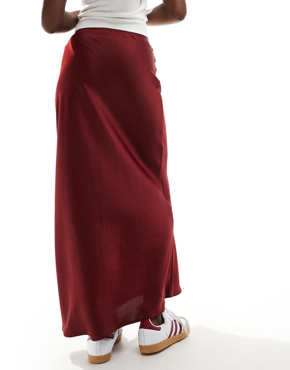 ASOS DESIGN satin bias cut maxi skirt in burgundy