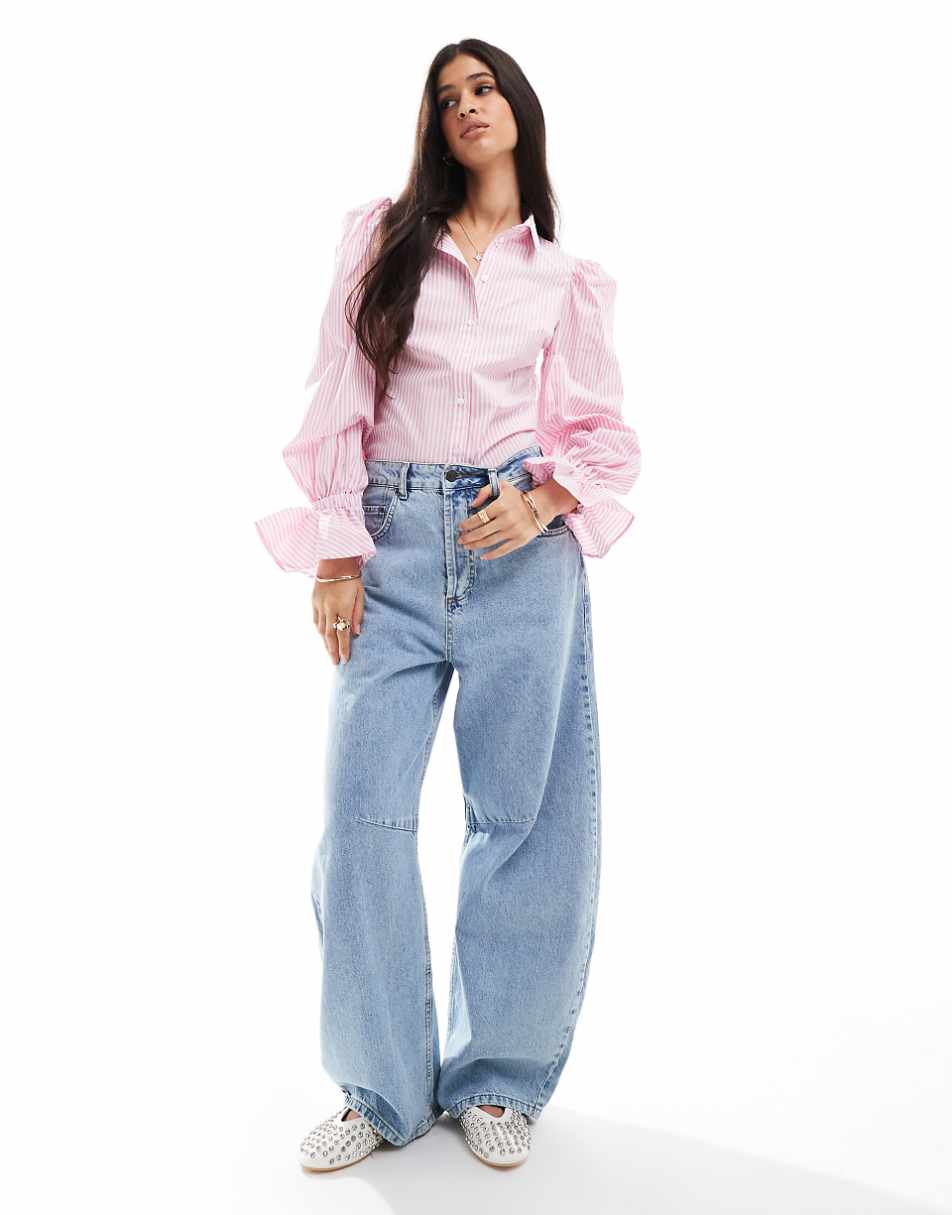 ASOS DESIGN volume sleeved soft shirt with ruffle cuffs in pink stripe
