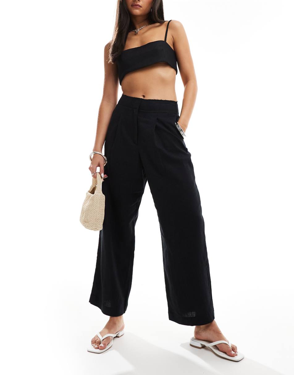 ASOS DESIGN raw edge barrel leg tailored pants with linen in black